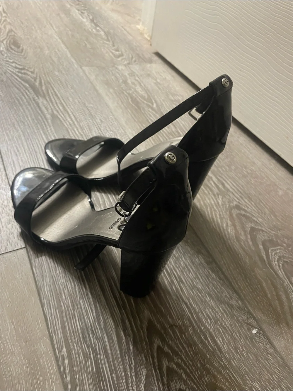 G by Guess Black Patent Block Heel Ankle Strap Sandals